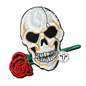 Rose Skull Iron On Patch Biker Embroidered Black Skeleton Medium Iron-On NEW